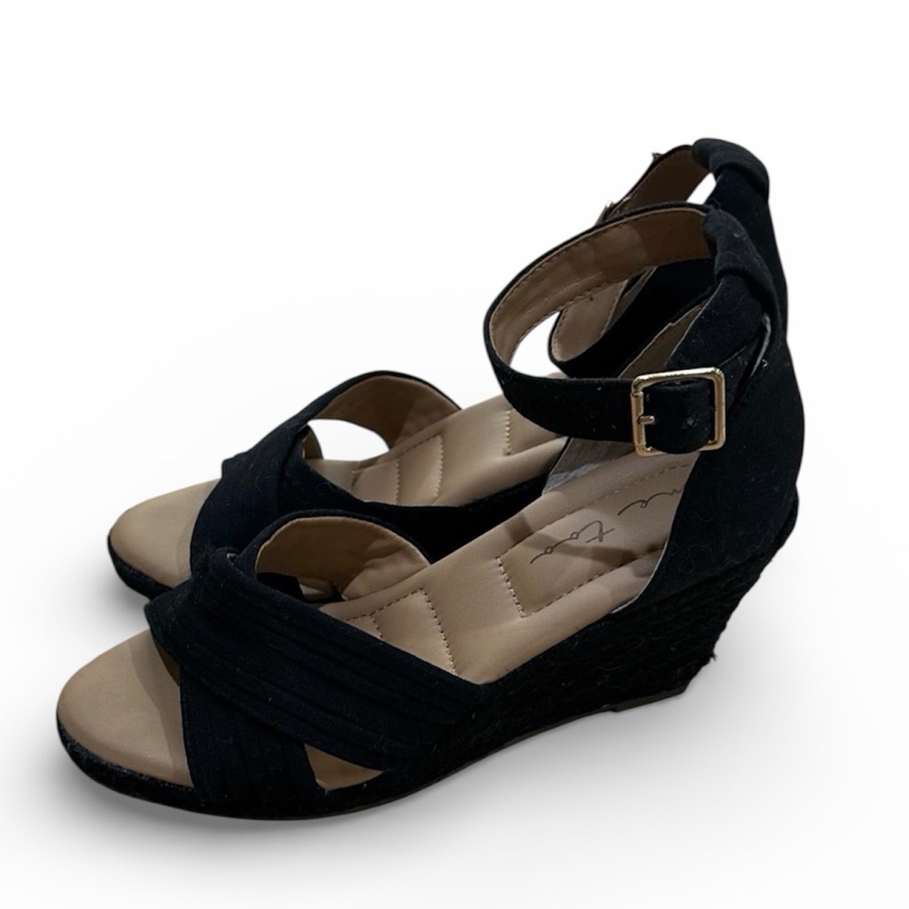 Me Too Bellini Black Wedge Sandals Women Size 7 Comfort Ankle Strap Summer Shoes